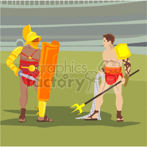 Illustration of two gladiators in a historical arena setting, dressed in traditional armor and weapons, engaging in combat.