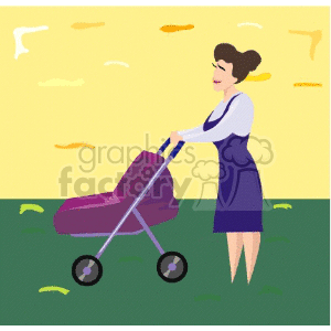A woman in a blue dress pushing a baby stroller