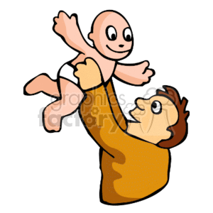   The clipart image displays a cartoon of a father tossing his baby up into the air. Both the father and the baby appear happy, with the baby