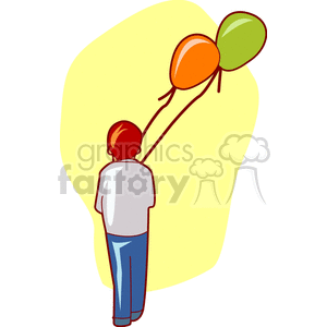 A little boy holding an orange and green balloon