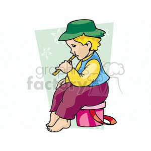 A little boy sitting on a drum playing a wind instrument