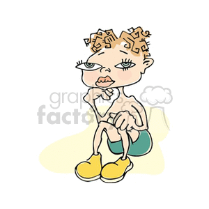 A boy sitting in green shorts and yellow shoes