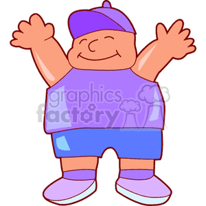 Boy dressed in blue and purple holding his arms up