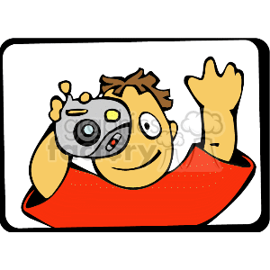   A boy waving and taking a picture 