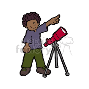 An african american boy with a telescope pointing at the sky