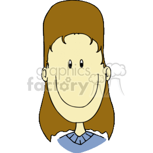 The clipart image depicts a cartoon of a smiling girl with long brown hair, wearing a blue collared shirt. The girl is shown from the shoulders up and has a simple, cheerful facial expression.