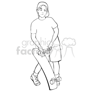 The clipart image depicts a child standing while holding a skateboard. The child appears to be dressed in casual attire suitable for skateboarding, which includes a T-shirt, shorts, and sneakers.