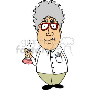The clipart image depicts a cartoon scientist. The character is holding a beaker with a bubbling pink liquid. The scientist has wild grey hair, wears red glasses, and is dressed in a white lab coat equipped with a pocket protector containing pens and pencils. The overall appearance suggests a stereotypical depiction of a scientist or chemist in a laboratory setting.