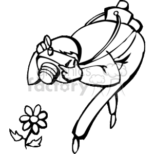 This clipart image depicts a person engaged in the occupation of photography. The individual is holding a camera and taking a picture of a flower. They appear to be wearing a jacket or a shirt with a strap, possibly part of their camera gear.