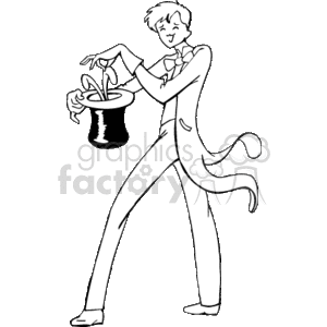   The clipart image depicts a magician performing a magic trick. He is wearing a suit with a tie and has a confident smile. His pose suggests movement and flair, typical of a performance. He