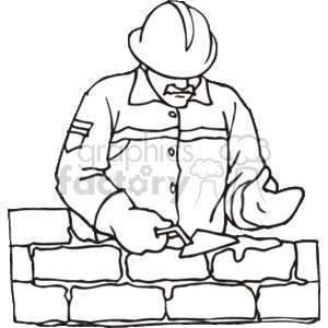 The clipart image depicts a bricklayer at work. The bricklayer is wearing a safety helmet and is using a trowel to apply mortar or cement on bricks to construct a wall. The individual is focused on the task at hand, carefully placing and securing the bricks.