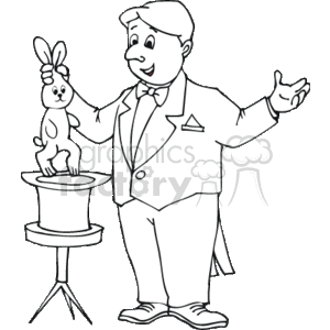 The clipart image shows a magician standing next to a table, performing a classic magic trick. The magician is smiling, wearing a suit with a bow tie and a pocket square. On the small round table sits a top hat, from which a rabbit is being pulled out. This is a common representation of a magician performing a magic trick.