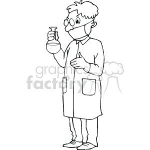This clipart image depicts a cartoon scientist wearing a lab coat, safety goggles, and holding a test tube. The scientist appears to be examining the contents of the test tube with interest. This is a line drawing with no color.
