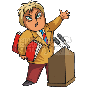 The clipart image depicts a cartoon of a politician or public speaker at a podium. The character is holding a red folder or binder, possibly containing documents or a speech, and is gesturing with one hand as if addressing an audience. There are two microphones on the podium, suggesting that the character is giving a speech or presentation.