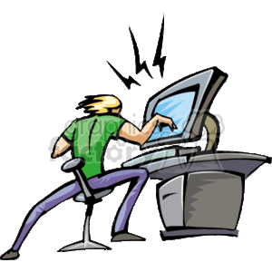 The clipart image depicts a cartoon-style illustration of a person who appears to be a programmer or computer user, actively working at a computer desk. The individual seems to be intensely interacting with the computer monitor, likely coding or troubleshooting, as suggested by the lightning shapes emanating from the screen area. The person is seated on an office chair and is using a computer that includes a monitor, keyboard, and a CPU unit.