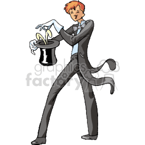This clipart image depicts a magician performing a magic trick. He is wearing a traditional magician's outfit consisting of a black suit with a black cape flowing behind him, and a white shirt with a bow tie. The magician is shown pulling a white rabbit out of a black top hat, a classic magic trick.
