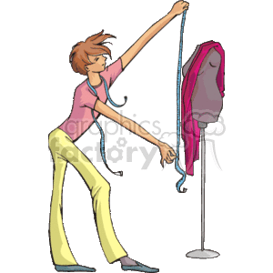   This image depicts a cartoon of a seamstress or tailor at work. The character is holding up a piece of white fabric in one hand and appears to be evaluating or about to cut it. There