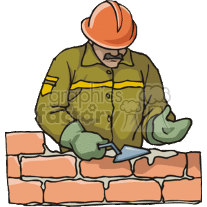 The clipart image depicts a bricklayer at work. The bricklayer is wearing a hard hat, a green work shirt with yellow accents, gloves, and is using a trowel to apply mortar on a wall of bricks that is under construction.