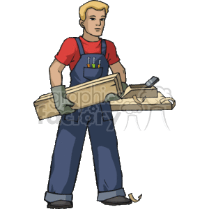 The image depicts an illustrated character of a carpenter or construction worker. The person is wearing a red shirt under blue overalls and is equipped with green gloves. They are holding several wooden boards in one arm and a handheld woodworking plane in the other hand. There are pencils and a screwdriver in the front pocket of the overalls, showing readiness for measuring and marking jobs. The carpenter appears to be in a standing position, ready to work on a construction or carpentry project.