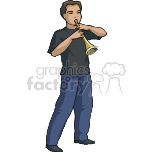 This clipart image depicts a man playing a trumpet. He is standing and wearing a casual outfit consisting of a dark t-shirt and blue pants. The individual appears to be focused on his instrument, likely playing a tune or practicing his musical skills.