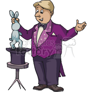   The clipart image depicts a magician performing a classic magic trick by pulling a rabbit out of a hat. The magician is dressed in a traditional magician