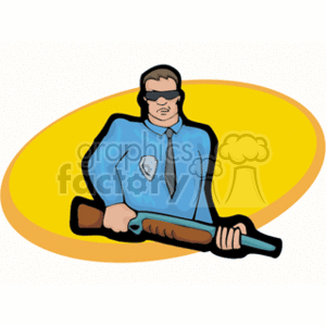 The clipart image depicts a stylized illustration of a police officer. The officer is wearing a blue uniform with a badge and a tie. He is also wearing sunglasses and holding what appears to be a rifle or shotgun with both hands. The background features a yellow oval shape.