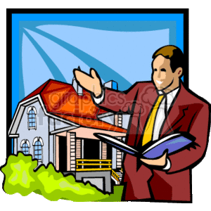 This clipart image depicts a person who appears to be a realtor or real estate agent. He is holding a large book or folder and gesturing towards a stylized house with his other hand. The house itself is two-storied with a prominent red roof, and there’s some greenery to the side. The background features a simple blue sky with light rays shining down.