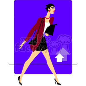   The image features a stylized clipart of a female realtor on the move. She is depicted in a professional attire with a red jacket, a black skirt, and high heels, carrying a folder or portfolio. In the background, there
