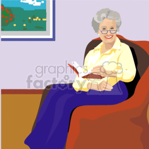 The clipart image depicts a happy senior woman sitting comfortably in an armchair while reading a book. She is wearing glasses, a yellow blouse, and blue pants. There is also a framed picture with red flowers visible in the background, all against a simple, purple-colored wall.