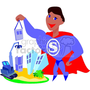 A cartoon superhero with a red cape and an 'S' on their chest, holding a small building over a cityscape.