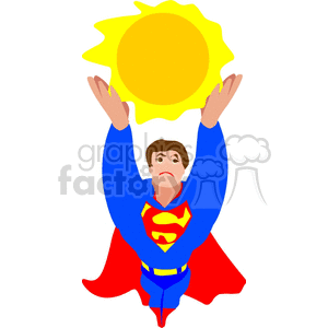 Clipart of a superhero in a blue and red costume flying while holding a large sun.