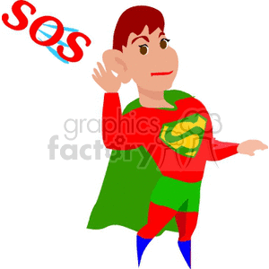 Clipart image of a superhero character in red and green costume with an 'S' emblem, listening intently while 'SOS' is depicted above.