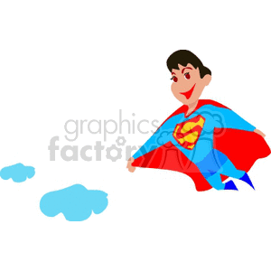 Illustration of a superhero flying in the sky with a red cape and blue costume.