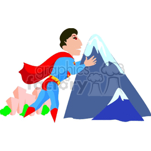 A superhero in a red cape is playfully interacting with a large mountain, showing a humorous depiction of super strength.