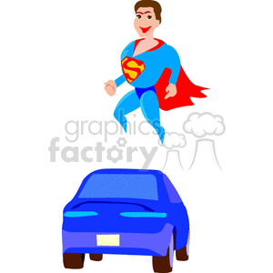 A cartoon superhero flying above a blue car.