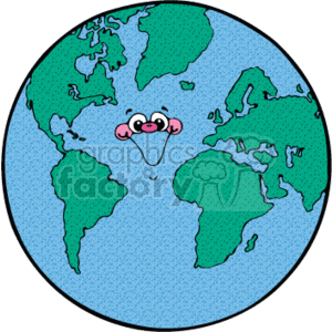 The clipart image depicts a stylized representation of the Earth with a happy, smiling face in the middle of the globe. The continents are colored green, and the rest of the globe has a light blue background with subtle dots representing the texture of the ocean or space. The face has two eyes with pupils looking upwards and a wide, smiling mouth with a tongue sticking out, adding a cheerful and cartoonish personality to the planet.