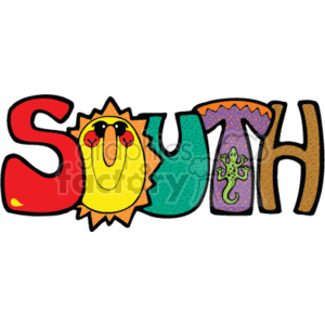  This clipart image features the word SOUTH where each letter is stylized with different patterns and colors, emblematic of a country, warm, or southern style. The 