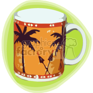 This image features a cartoon or clipart depiction of a mug with a Hawaiian tropical theme. The mug is illustrated with palm trees designs and has warm colors that evoke the essence of a tropical paradise. It appears to be placed on a light green background, possibly representing a coaster or table mat.