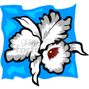 The clipart image depicts a stylized tropical flower, white with gray shading and a yellow and red center, set against a background with a wavy blue pattern, evoking the feeling of an ocean or Hawaiian motif.