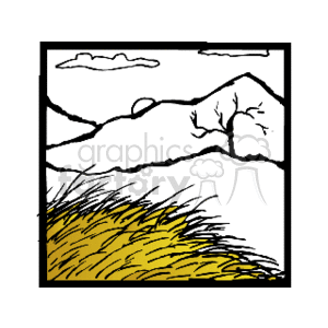   The image is a simple black and white clipart that depicts a mountainous landscape. In the foreground, there