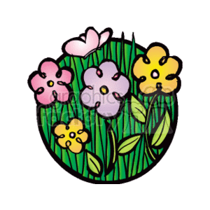 The clipart image shows a stylized representation of a field of flowers. There are various flowers, possibly including pink, purple, and yellow blooms, and they are set against a backdrop of green foliage or grass.