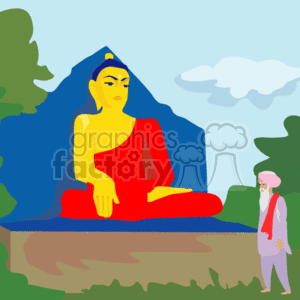 Devotee Praying at Serene Buddha Statue in Nature