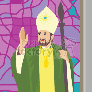 The clipart image depicts a religious figure that appears to be a priest or bishop, wearing religious garb which includes a mitre (the ceremonial headwear), a pectoral cross (necklace), and holding a crosier (staff). He is shown with one hand raised in a gesture that may imply blessing or praying. The background suggests he may be inside a church, evident by the stained glass.