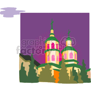   This clipart image displays a stylized representation of a church with two prominent domes topped with crosses, situated atop a hill or surrounded by foliage. The background features radiant beams of light emanating from behind the church, set against a purple sky. There