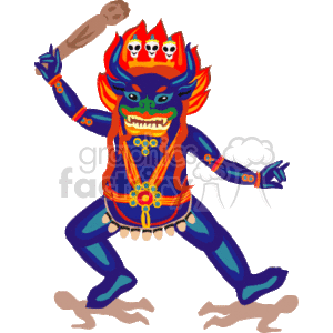  This is an illustration of a blue-skinned figure with multiple arms and a fierce expression. The figure has red facial features, wears orange and blue traditional attire with decorative elements, and is depicted in a dynamic pose holding a club in one hand. Multiple faces are depicted on the crown of the figure