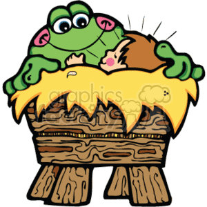   The clipart image depicts a whimsical scene with a green frog perched atop a thatched rustic-style crib or manger. Inside the crib, there appears to be a baby, possibly wrapped in swaddling clothes, giving the image a possible connection to stories of the baby Jesus