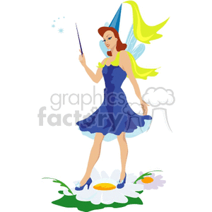 A colorful clipart image of a fairy in a blue dress with wings and a wand, standing on a large flower.