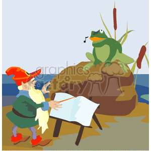 Gnome Teaching a Frog to Sing by the Water