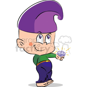 gnome wearing green and blue with purple hat holding a purple hat