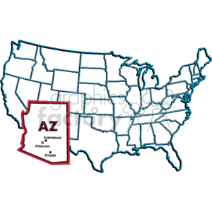   This clipart image features an outline map of the United States with the state of Arizona highlighted. There